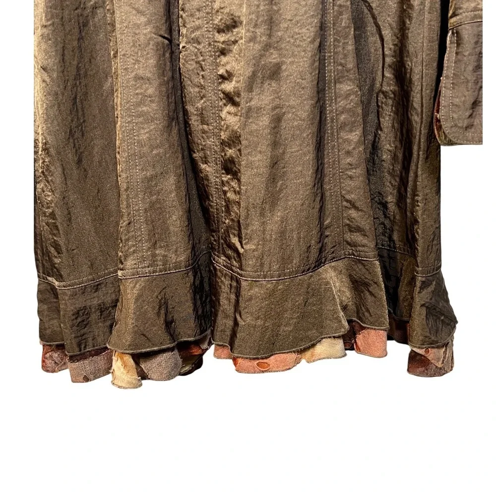 Design Todays Brown Crinkle Nylon Ruffle Duster Coat Jacket XL Art to Wear USA